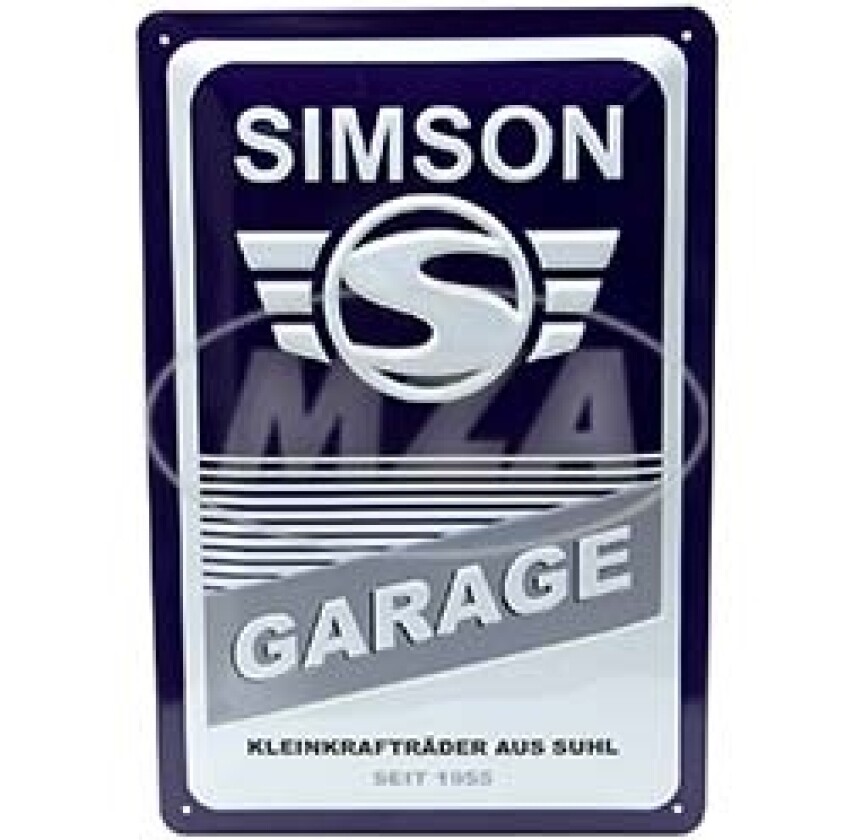 Simson Blechprägeschild 20x30 cm, blau weiß, Motiv: SIMSON-Garage