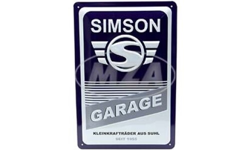 Simson Blechprägeschild 20x30 cm, blau weiß, Motiv: SIMSON-Garage