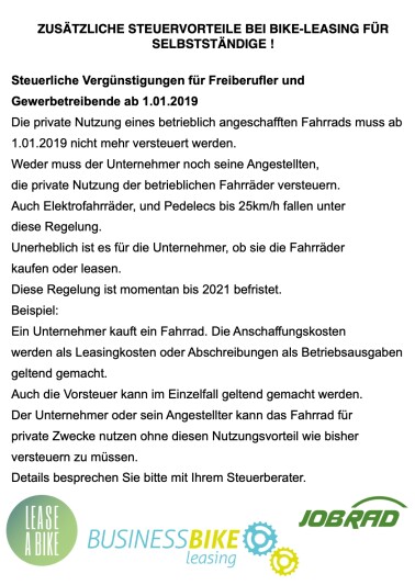 Zusätzliche Steuervorteile bei Bike-Leasing für Selbstständige ab 1. Januar 2019